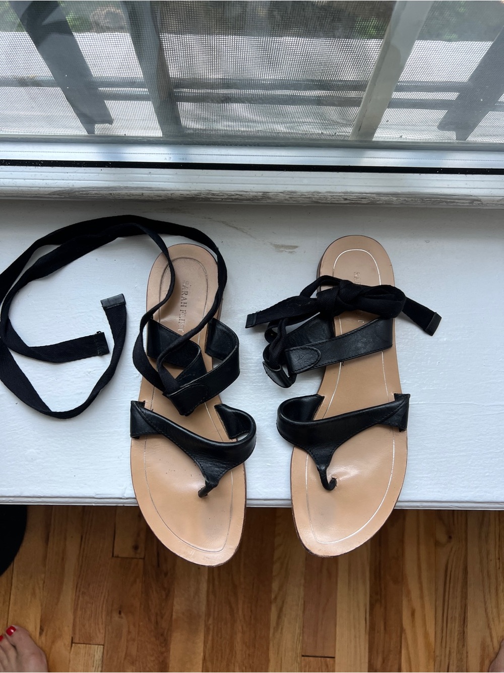 Sarah Flint - Black Grear Thong Ankle Tie sandals